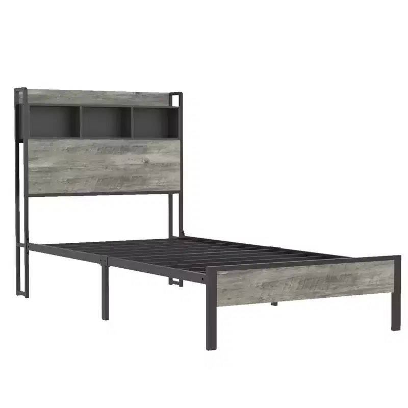 Letto a piattaforma singolo/matrimoniale con contenitore e testiera, Struttura letto a piattaforma in legno con stazione di ricarica, Grigio Antico