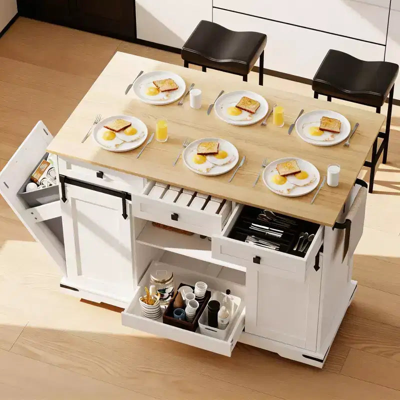 Grande isola da cucina mobile, carrello da cucina su ruote con ante a ribalta, vano per pattumiera, portapane, tavolo da isola da cucina per sala da pranzo