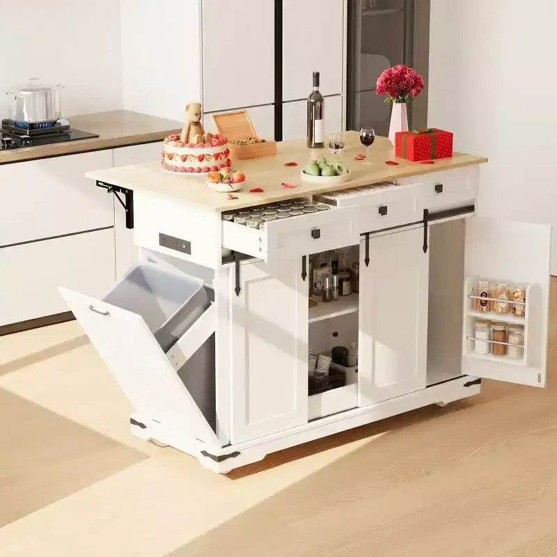 Grande isola da cucina mobile, carrello da cucina su ruote con ante a ribalta, vano per pattumiera, portapane, tavolo da isola da cucina per sala da pranzo