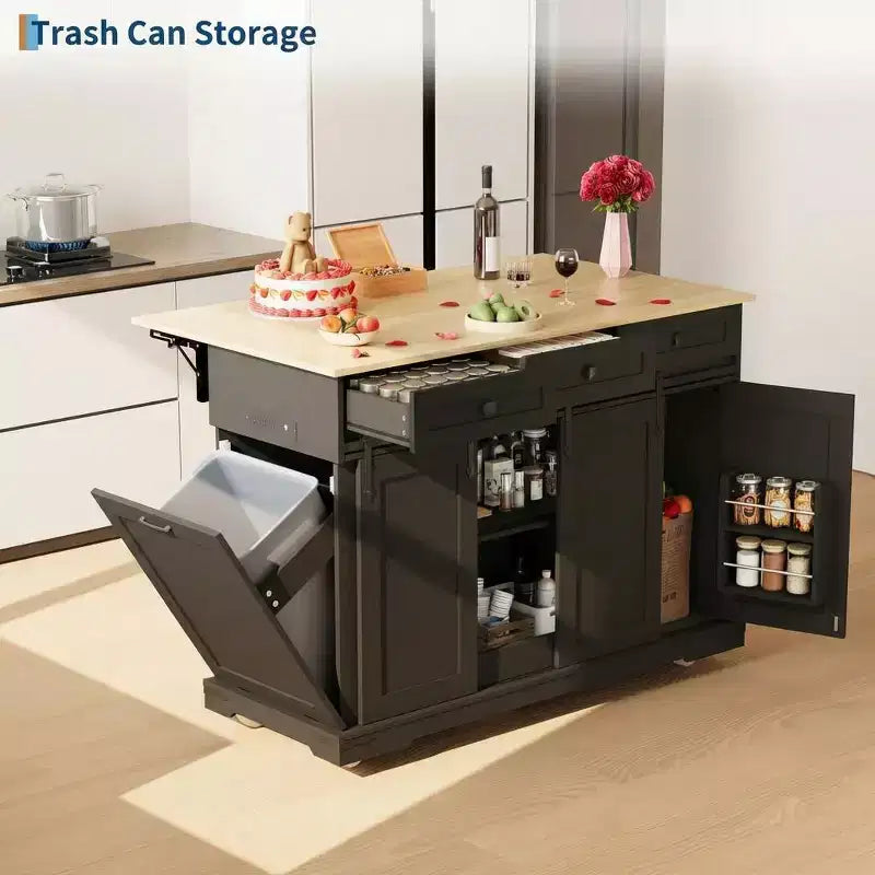 Grande isola da cucina mobile, carrello da cucina su ruote con ante a ribalta, vano per pattumiera, portapane, tavolo da isola da cucina per sala da pranzo