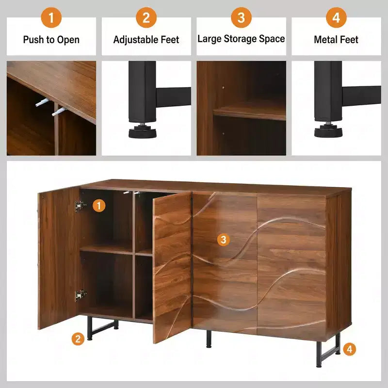 59 Modern credenza in legno massello con rilievo a onde e gambe in ferro