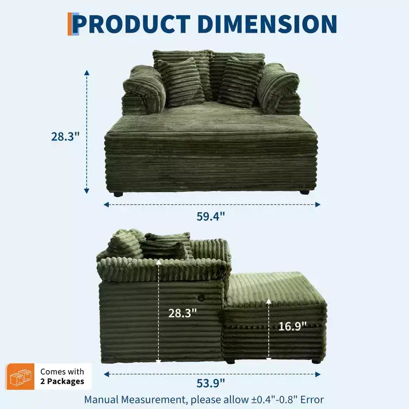 Sedia a Sdraio Oversize da Interno, Comodo Divano Lounge in Velluto a Coste, Cuscini Decorativi, Braccioli di Supporto, per Soggiorno, Sala Cinema, Camera da Letto