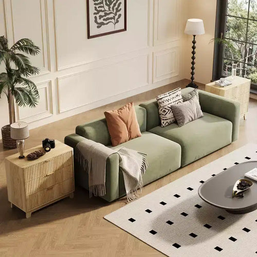 Comodino a 3 cassetti scanalato, Tavolino moderno con maniglie in metallo, Tavolino da divano da 27 pollici largo, con contenitore, in rovere naturale per camera da letto, soggiorno, cabina armadio