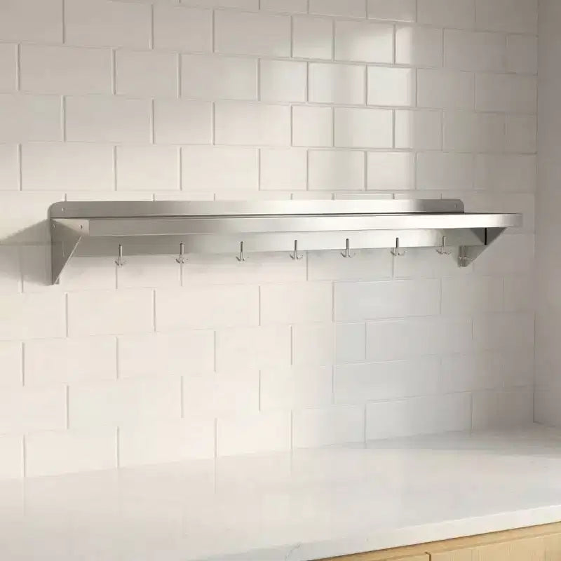 Garvee Wall Shelves for Kitchen, 48 x 12 Floating Shelf with Backsplash and Hooks, Silver