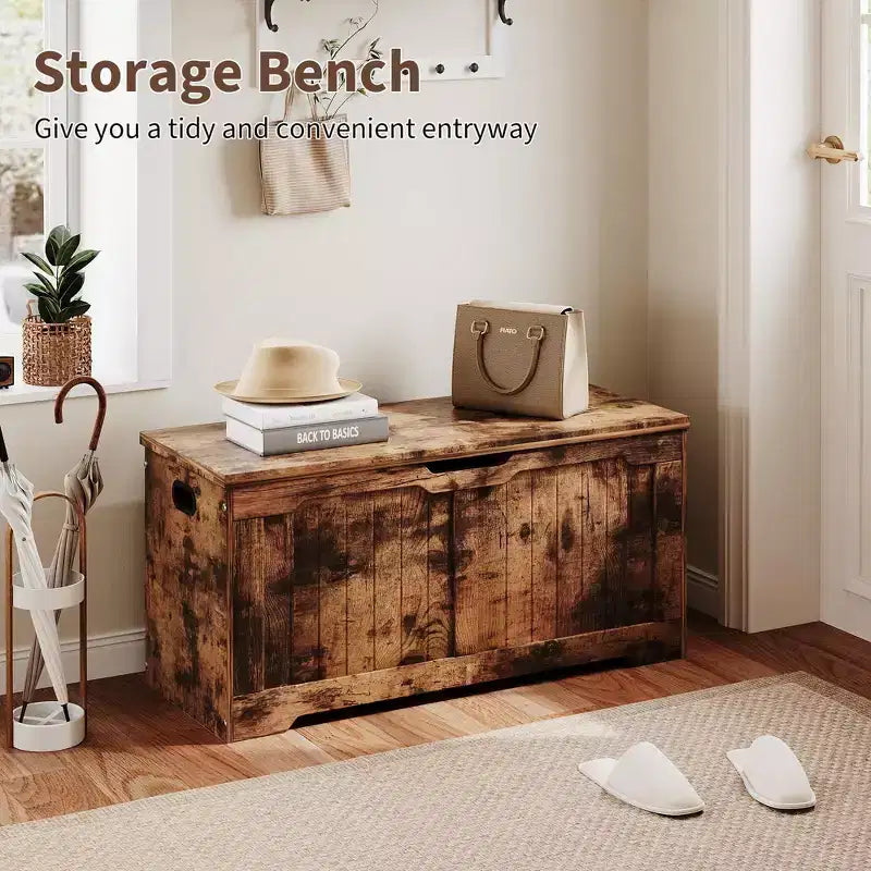 Panca Contenitore dal Design Rustico - Cassapanca con 2 Cerniere di Sicurezza, 40 x 100 x 48 cm, Ideale per Ingresso, Camera da Letto e Soggiorno