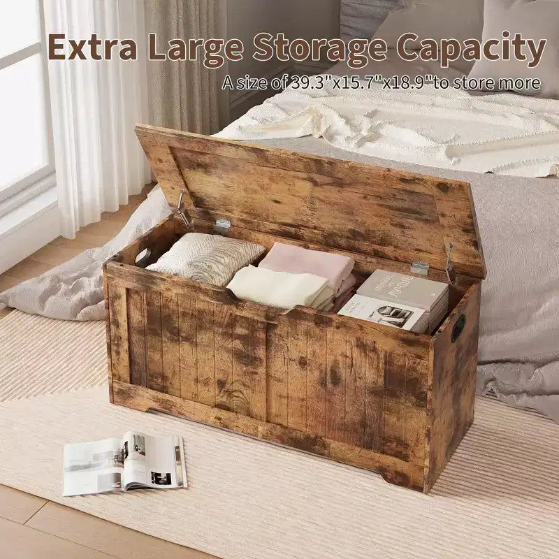Panca Contenitore dal Design Rustico - Cassapanca con 2 Cerniere di Sicurezza, 40 x 100 x 48 cm, Ideale per Ingresso, Camera da Letto e Soggiorno