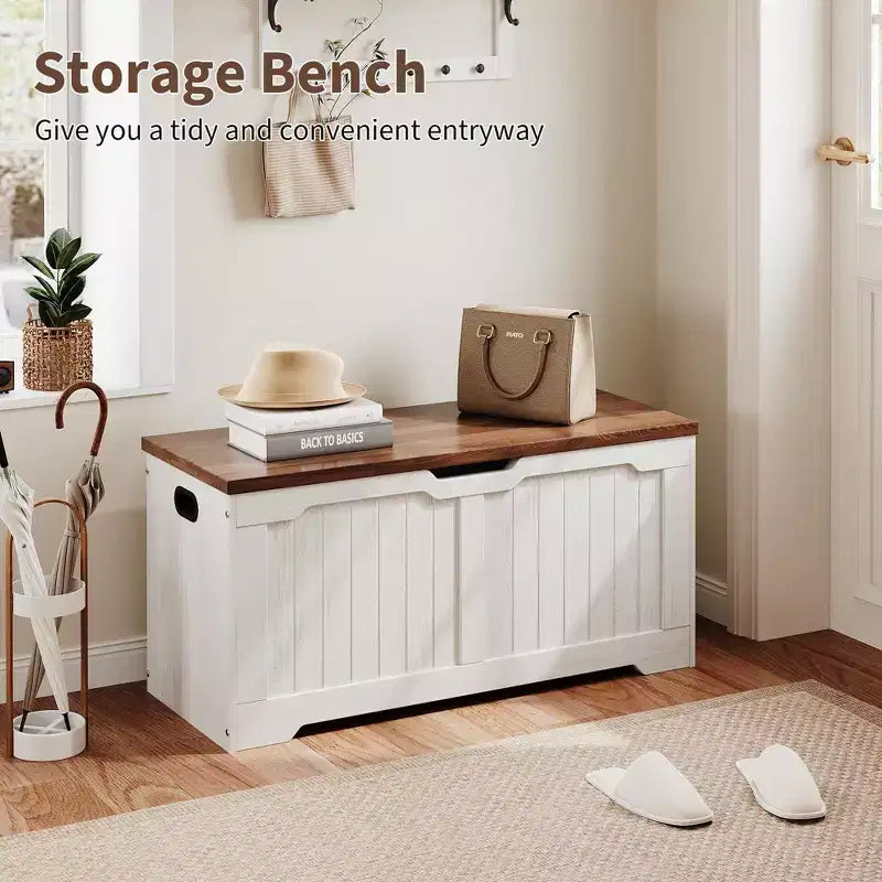 Panca Contenitore dal Design Rustico - Cassapanca con 2 Cerniere di Sicurezza, 40 x 100 x 48 cm, Ideale per Ingresso, Camera da Letto e Soggiorno