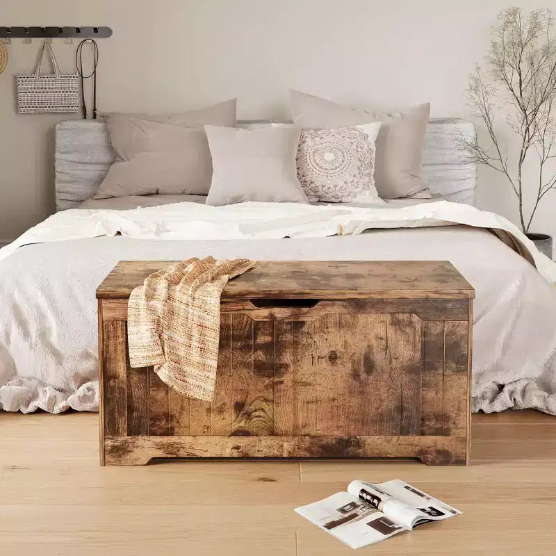 Panca Contenitore dal Design Rustico - Cassapanca con 2 Cerniere di Sicurezza, 40 x 100 x 48 cm, Ideale per Ingresso, Camera da Letto e Soggiorno