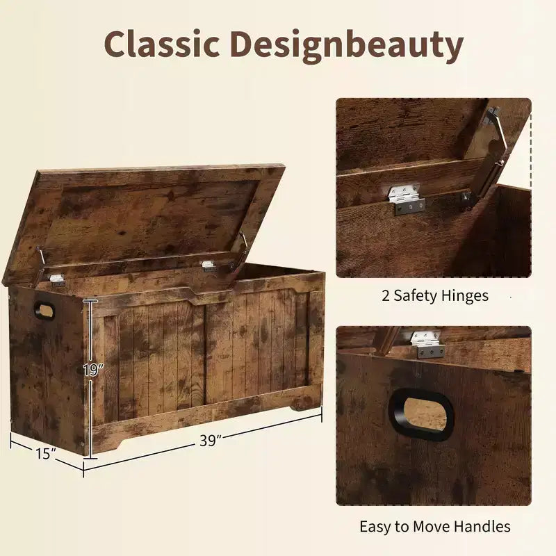 Panca Contenitore dal Design Rustico - Cassapanca con 2 Cerniere di Sicurezza, 40 x 100 x 48 cm, Ideale per Ingresso, Camera da Letto e Soggiorno