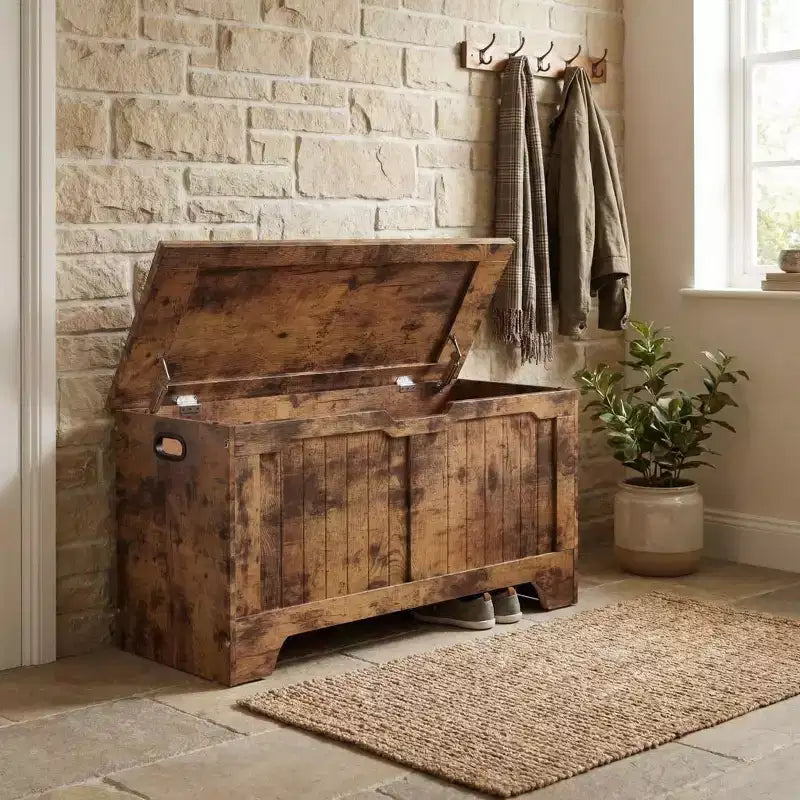 Panca Contenitore dal Design Rustico - Cassapanca con 2 Cerniere di Sicurezza, 40 x 100 x 48 cm, Ideale per Ingresso, Camera da Letto e Soggiorno