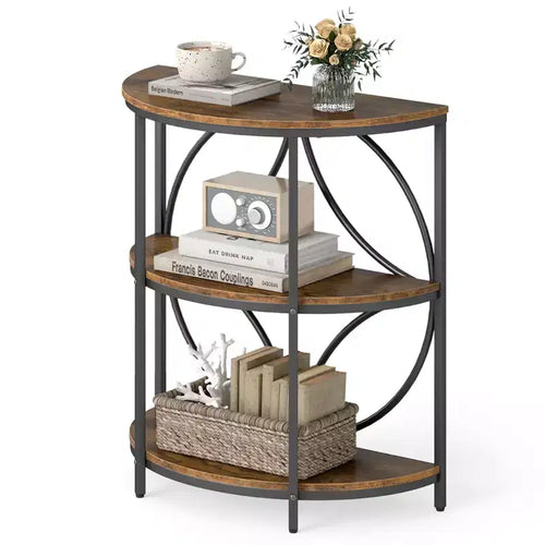 Costway 3-Tier Half Round End Table w/Study Metal Frame Storage Shelves for Living Room Rustic Brown