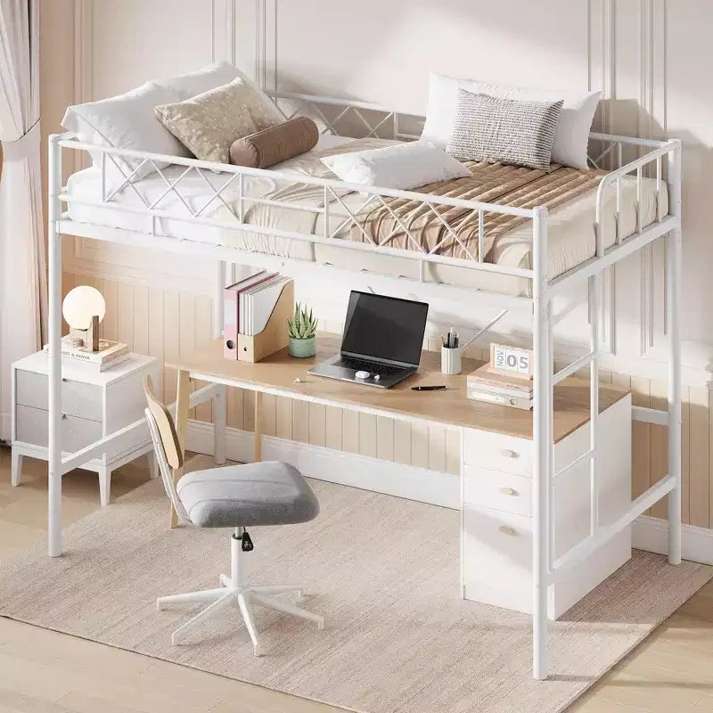 Letto a castello in metallo pesante, doppio su piazza e mezza, costruzione robusta e silenziosa con scaletta e sponde, design salvaspazio, non richiede la rete a molle