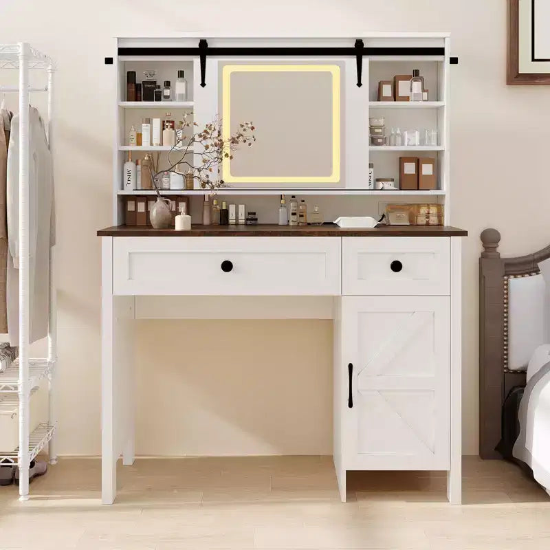 Scrivania da trucco con specchio, tavolo da trucco con 3 cassetti e sgabello portaoggetti, toletta con armadietto per camera da letto