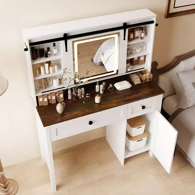 Scrivania da trucco con specchio, tavolo da trucco con 3 cassetti e sgabello portaoggetti, toletta con armadietto per camera da letto