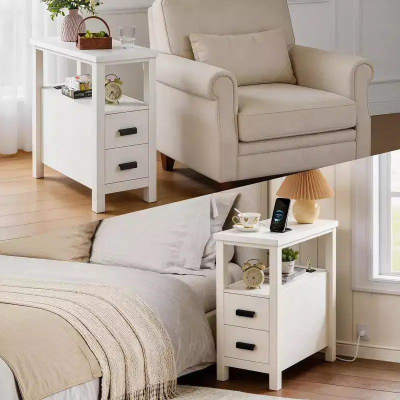 Crafted for both style and function, this End Table with Charging Station,Side Tables with USB Ports & Outlets,Side Table with 2 Drawers, Small.