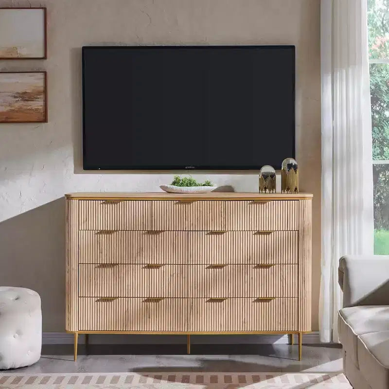 Cassettiera a 9 cassetti, comò in legno largo 137 cm con maniglie in metallo, cassettiera moderna per TV e organizer per camera da letto e soggiorno