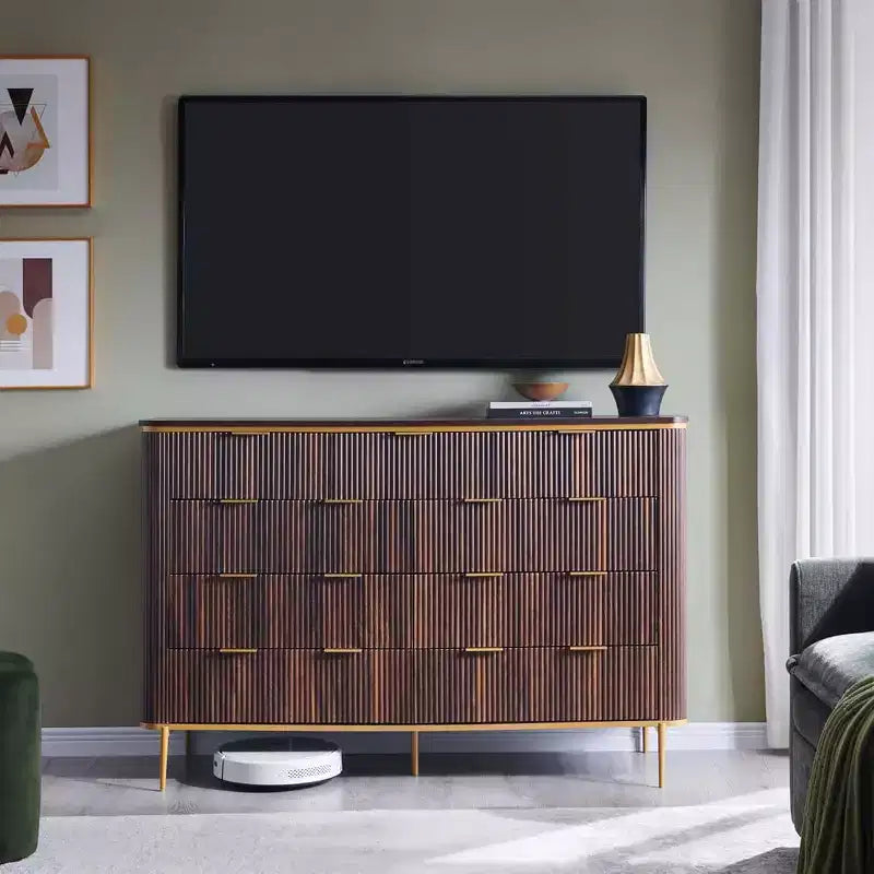 Cassettiera a 9 cassetti, comò in legno largo 137 cm con maniglie in metallo, cassettiera moderna per TV e organizer per camera da letto e soggiorno