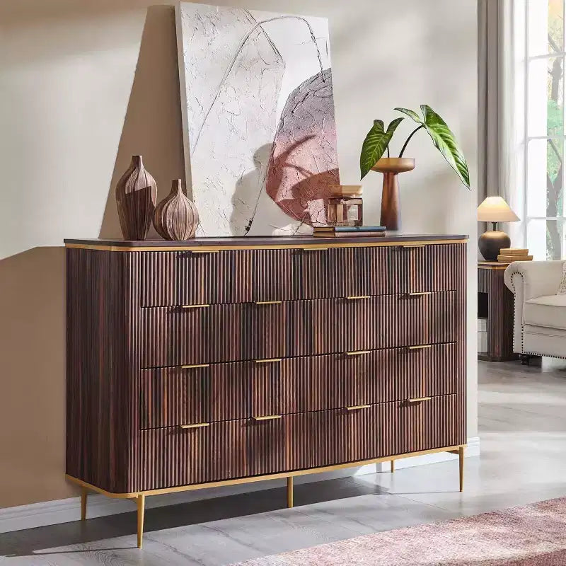 Cassettiera a 9 cassetti, comò in legno largo 137 cm con maniglie in metallo, cassettiera moderna per TV e organizer per camera da letto e soggiorno