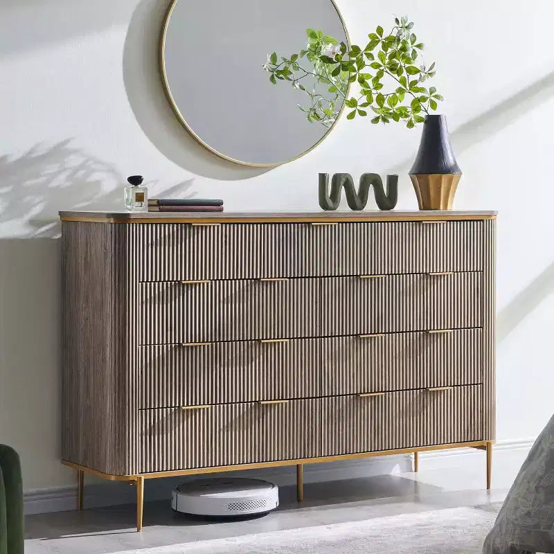 Cassettiera a 9 cassetti, comò in legno largo 137 cm con maniglie in metallo, cassettiera moderna per TV e organizer per camera da letto e soggiorno