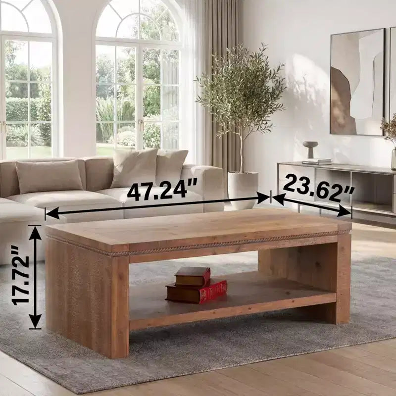 Tavolino da Caffè Rettangolare Rurale a 2 Ripiani da 119 cm – Legno Massello e MDF, Vano Portaoggetti Aperto