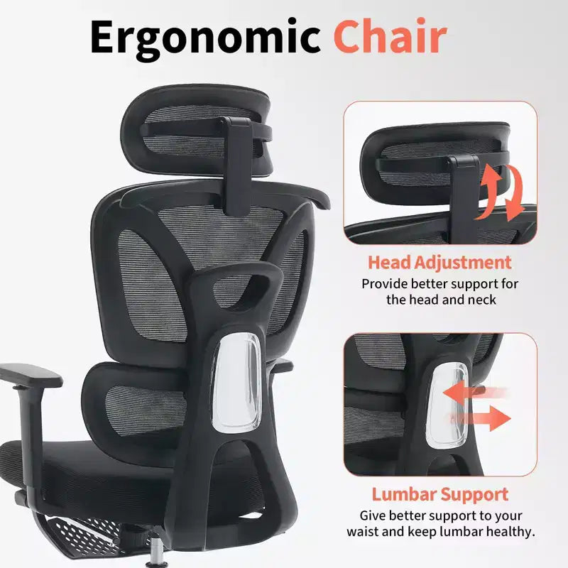 Sedia da ufficio ergonomica con poggiatesta imbottito regolabile, supporto lombare confortevole e braccioli 3D - Sedia da scrivania per computer per giochi e studio