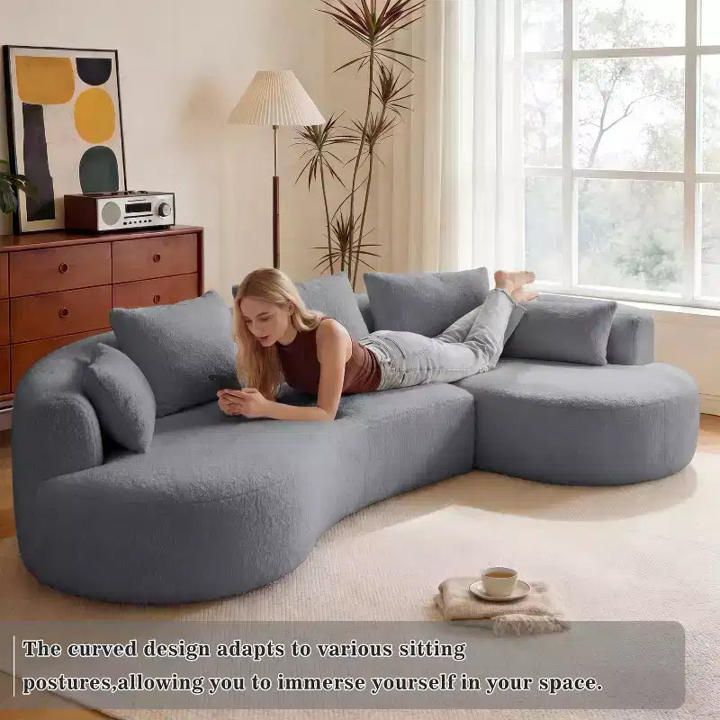 Divano angolare curvo da 122" con chaise longue – Lussuosa lana d'agnello, 5 cuscini