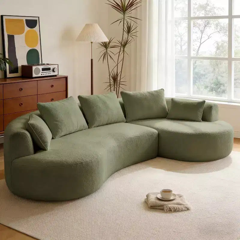 Divano angolare curvo da 122" con chaise longue – Lussuosa lana d'agnello, 5 cuscini