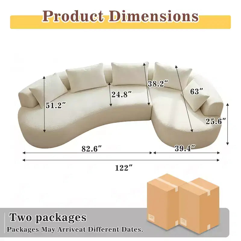 Divano angolare curvo da 122" con chaise longue – Lussuosa lana d'agnello, 5 cuscini