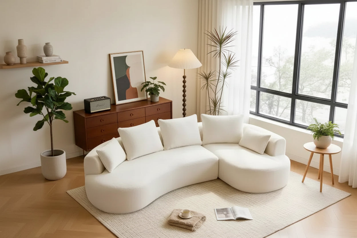 Dyonery 122 Curved Corner Sofa with Chaise Lounge, Modern Luxury Lambswool Sofa, Perfect for the Living Room, Includes 5 PillowsExtra-Thick.