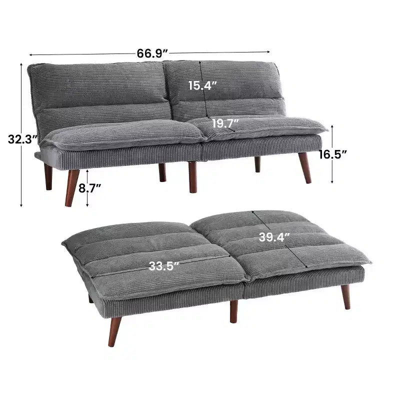 Divano Letto Futon Convertibile in Velluto a Coste da 67" – Reclinabile 3-in-1 per Piccoli Spazi