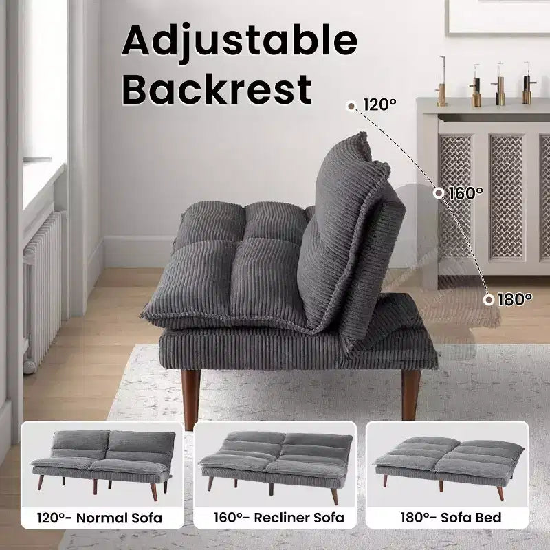 Divano Letto Futon Convertibile in Velluto a Coste da 67" – Reclinabile 3-in-1 per Piccoli Spazi