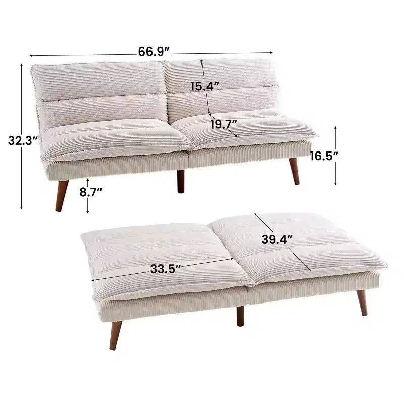 Divano Letto Futon Convertibile in Velluto a Coste da 67" – Reclinabile 3-in-1 per Piccoli Spazi
