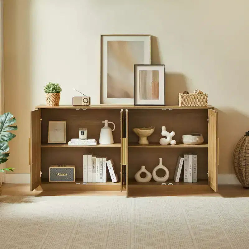 Madia credenza in rattan a 4 ante da 170 cm in stile bohémien – Madia color rovere caramello per soggiorno