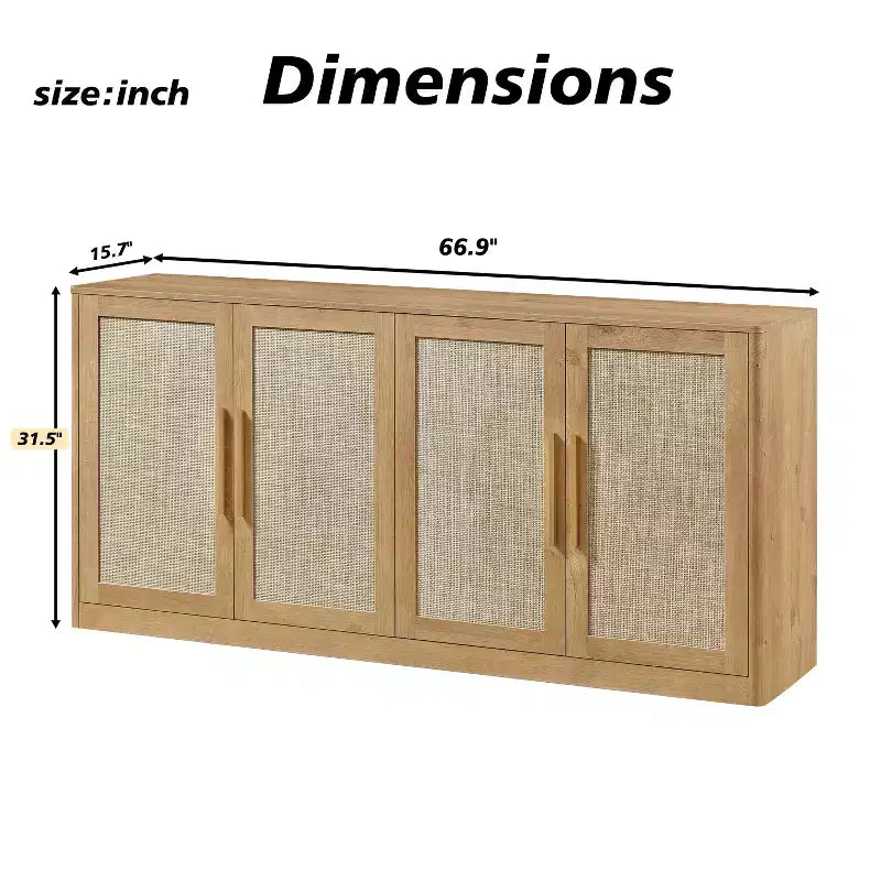 Madia credenza in rattan a 4 ante da 170 cm in stile bohémien – Madia color rovere caramello per soggiorno