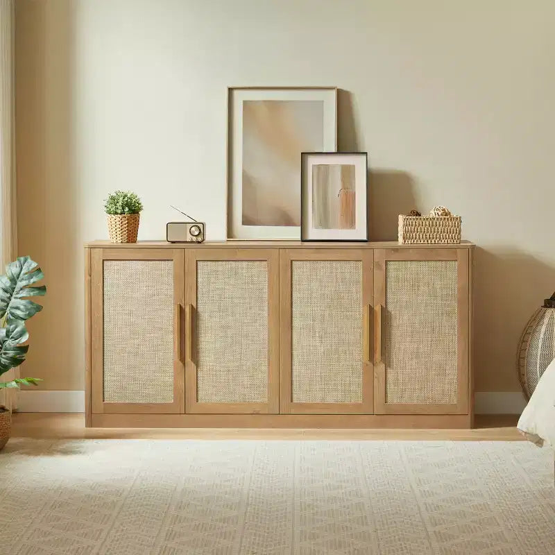Madia credenza in rattan a 4 ante da 170 cm in stile bohémien – Madia color rovere caramello per soggiorno