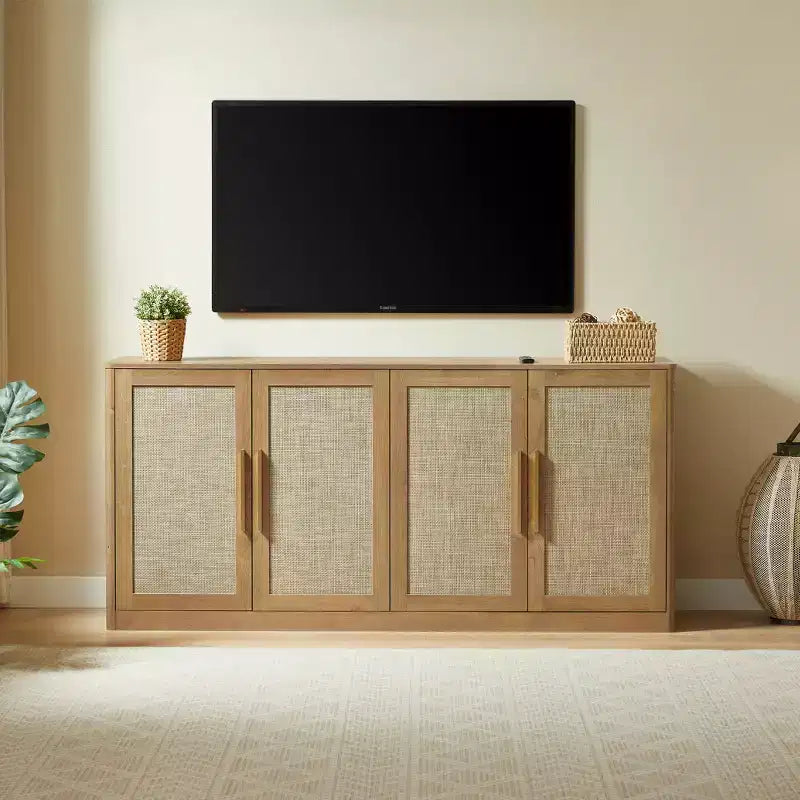 Madia credenza in rattan a 4 ante da 170 cm in stile bohémien – Madia color rovere caramello per soggiorno