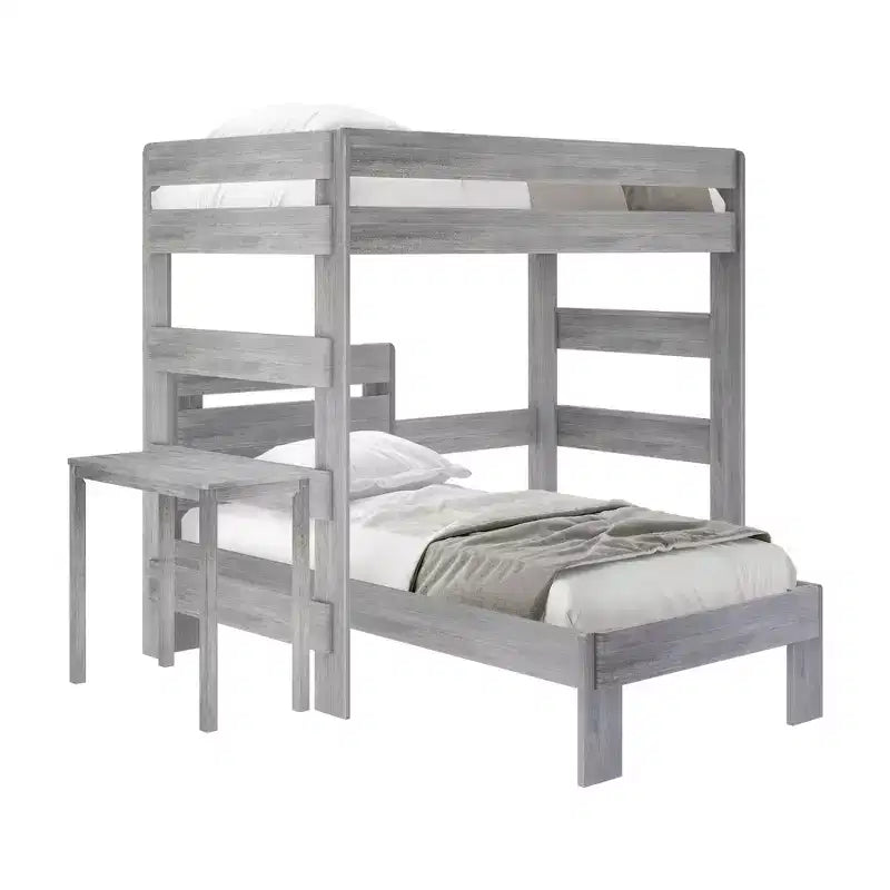 Letto a castello a L in legno massello con scrivania, due letti singoli