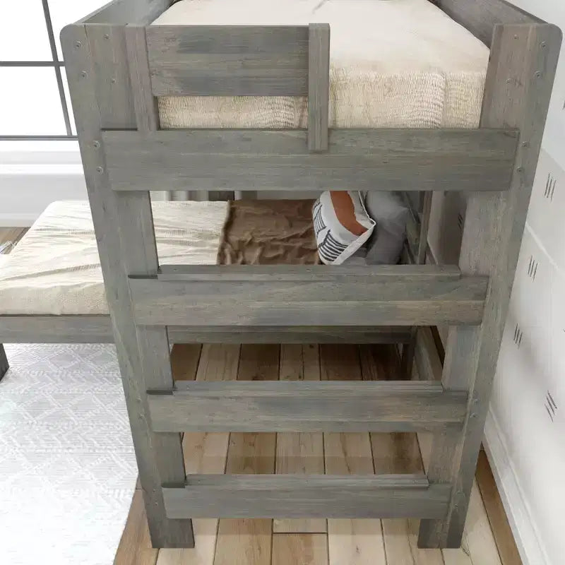 Letto a castello a L in legno massello con scrivania, due letti singoli