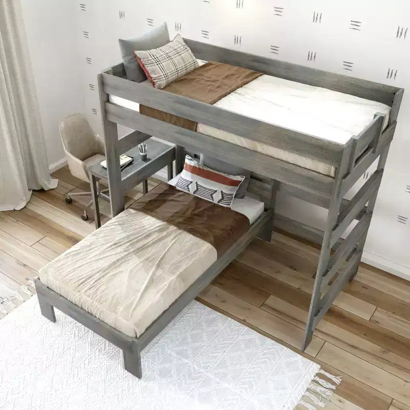 Letto a castello a L in legno massello con scrivania, due letti singoli