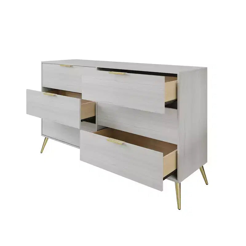 Cassettiera in legno a 6 cassetti con maniglie dorate e gambe affusolate – Contenitore per camera da letto