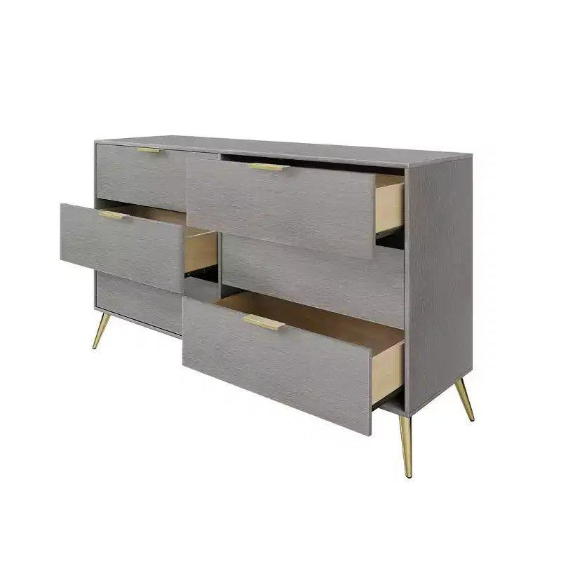 Cassettiera in legno a 6 cassetti con maniglie dorate e gambe affusolate – Contenitore per camera da letto