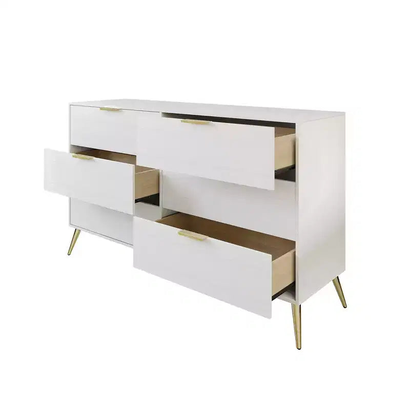 Cassettiera in legno a 6 cassetti con maniglie dorate e gambe affusolate – Contenitore per camera da letto