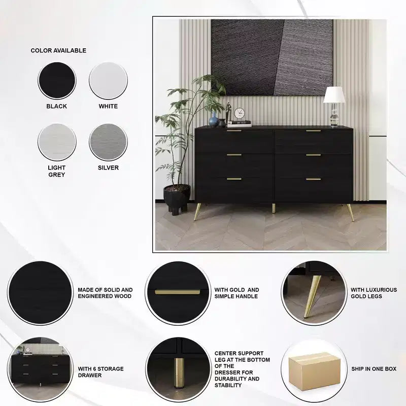 Cassettiera in legno a 6 cassetti con maniglie dorate e gambe affusolate – Contenitore per camera da letto