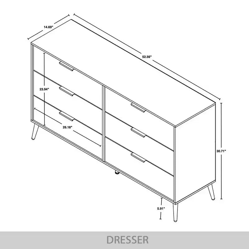 Cassettiera in legno a 6 cassetti con maniglie dorate e gambe affusolate – Contenitore per camera da letto