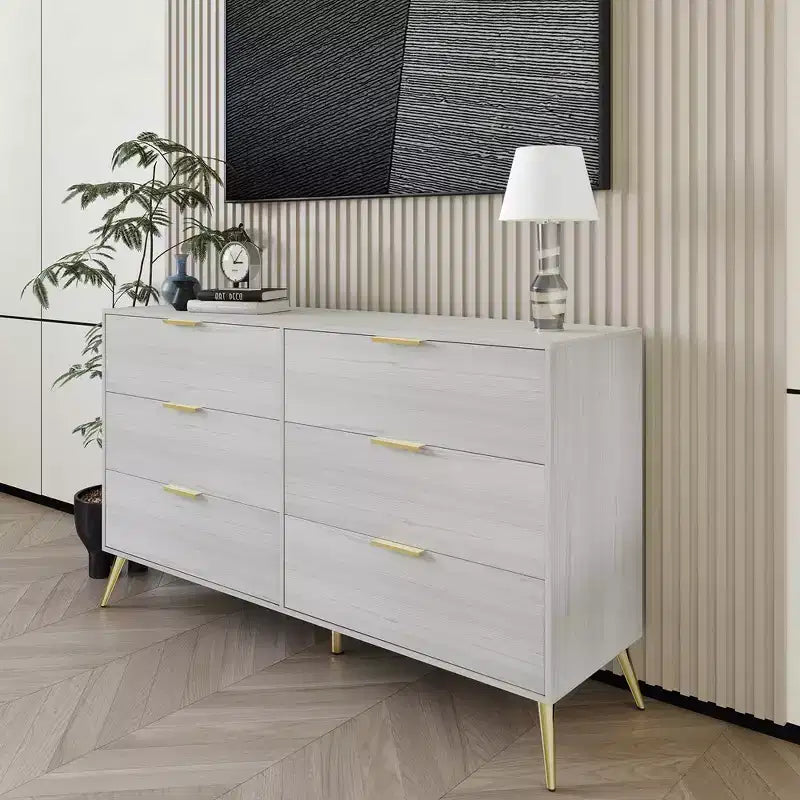 Cassettiera in legno a 6 cassetti con maniglie dorate e gambe affusolate – Contenitore per camera da letto