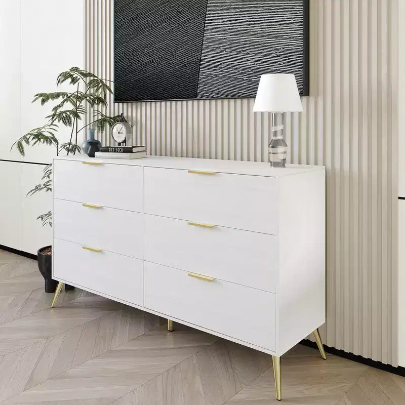 Cassettiera in legno a 6 cassetti con maniglie dorate e gambe affusolate – Contenitore per camera da letto