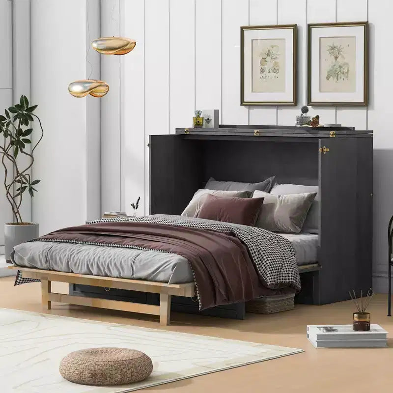 Queen/Full Size Wooden Murphy Bed Wall Bed with A Large Drawer and Charging Outlets 4S -ModernLuxe