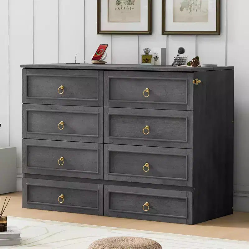Letto a scomparsa matrimoniale/king size in legno con ampio cassetto e prese di ricarica